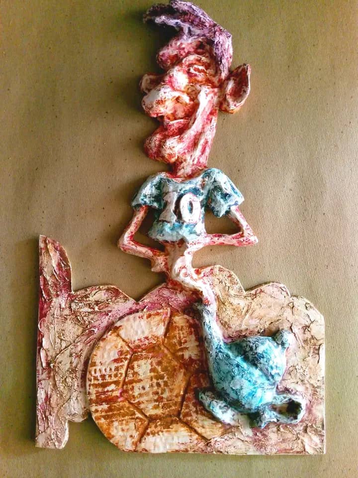 Premio Graciela de Armas de David para el instructor de arte Adonis Marquetty. El genio del balón, caricatura del futbolista Lionel Messi.